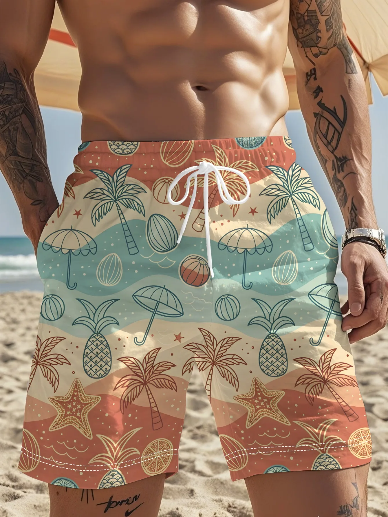 Essential Summer Shorts for Men, Versatile Retro Island Holiday Beach Pants in Sunset Orange with Mint Blue Contrasting Stripes,