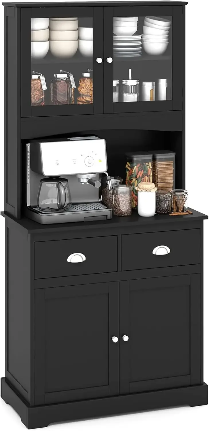 Storage Organizer w/Tempered Glass Doors & Double Drawers, Cable Management Hole, Adjustable Shelves