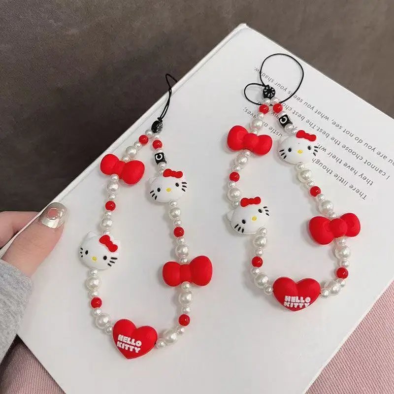 سانريو مرحبا كيتي Kawaii اللؤلؤ حزام المفاتيح المعلقات حامل سيليكون مكافحة فقدان سلسلة كروسبودي للهواتف سلسلة أنيمي هدية #3