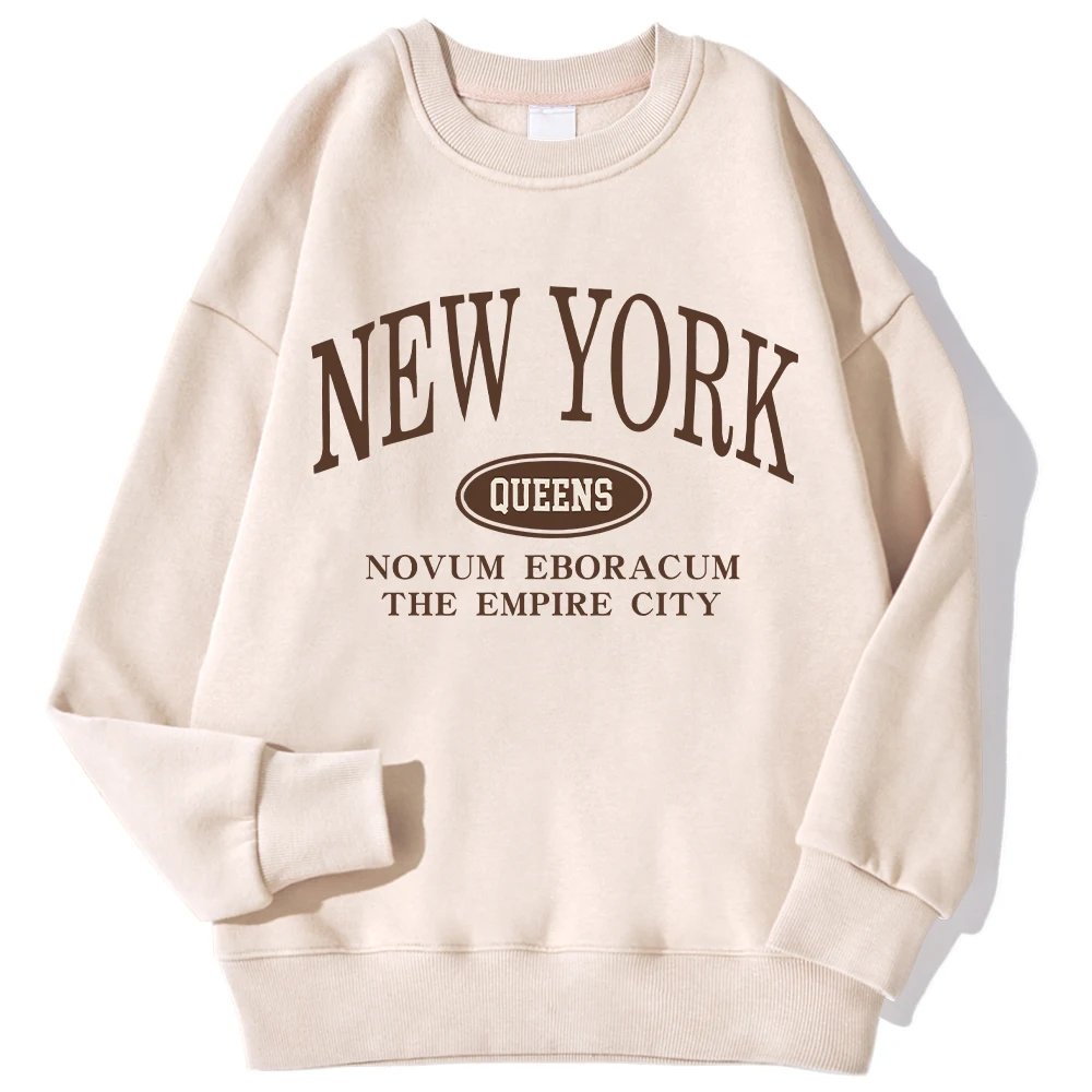 Casual Womens Sweatshirt New York Queens Letter Printed Pullover Comfortable Crewneck Fleece Soft Hoodie Autumn Winter Clothing