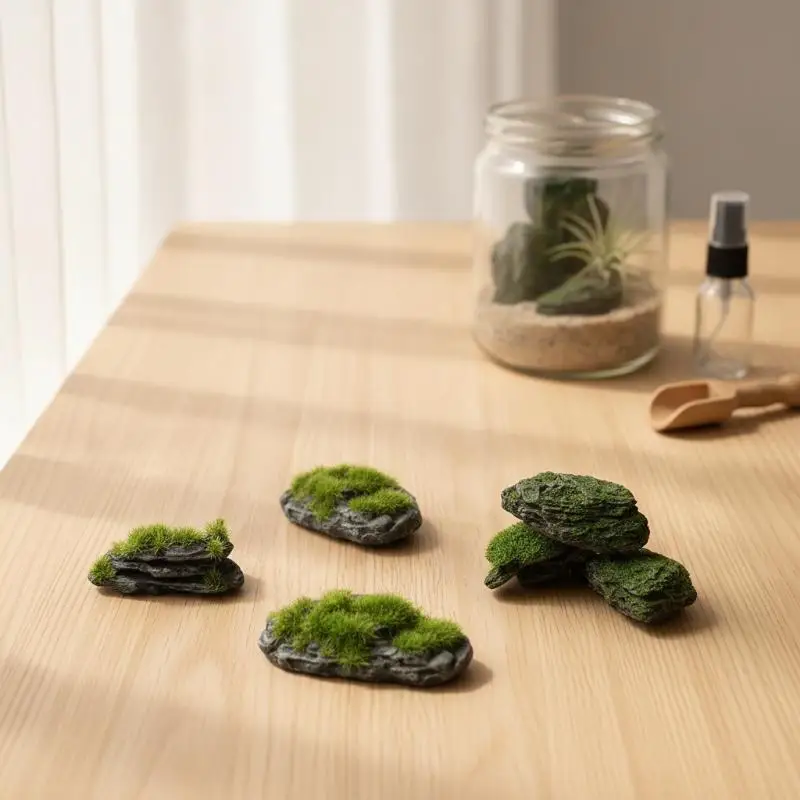 [L] 1/5Pcs 3.5-8cm Length Mini Moss Covered Forest Rock Model Irregular Simulation Rock For Micro-landscape Outdoor Decoration