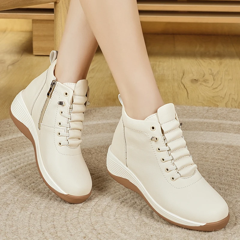 

Women's Leather High-Top Wedge Sneakers - Lace-Up Side Zipper Non-Slip Casual Walking Shoes
