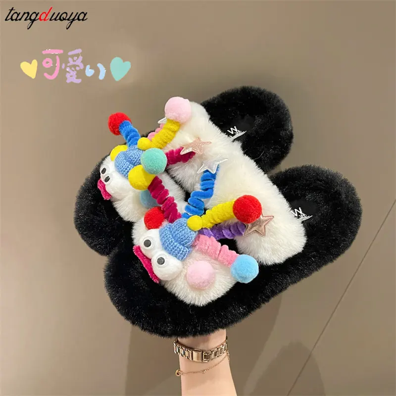 Women's Plush Slippers Cute Colorful Big Eye Doll Design DIY Home Shoes girls Winter Warm Cotton Slippers Funny Furry Slipper