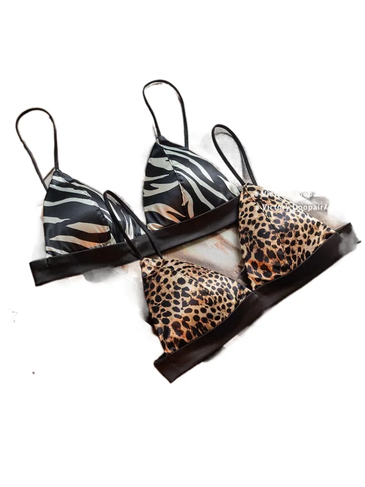 KUCLUT Women French Satin Leopard Print Bra Triangle Push Up Wireless Bra No Underwire Comfort Daily Wear Gift for Women
