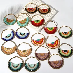 AENSOA Handmade Multicolor Crystal Beaded Hoop Earrings for Women Gold Color Geometric Earrings Bohemian Summer Beach Jewelry