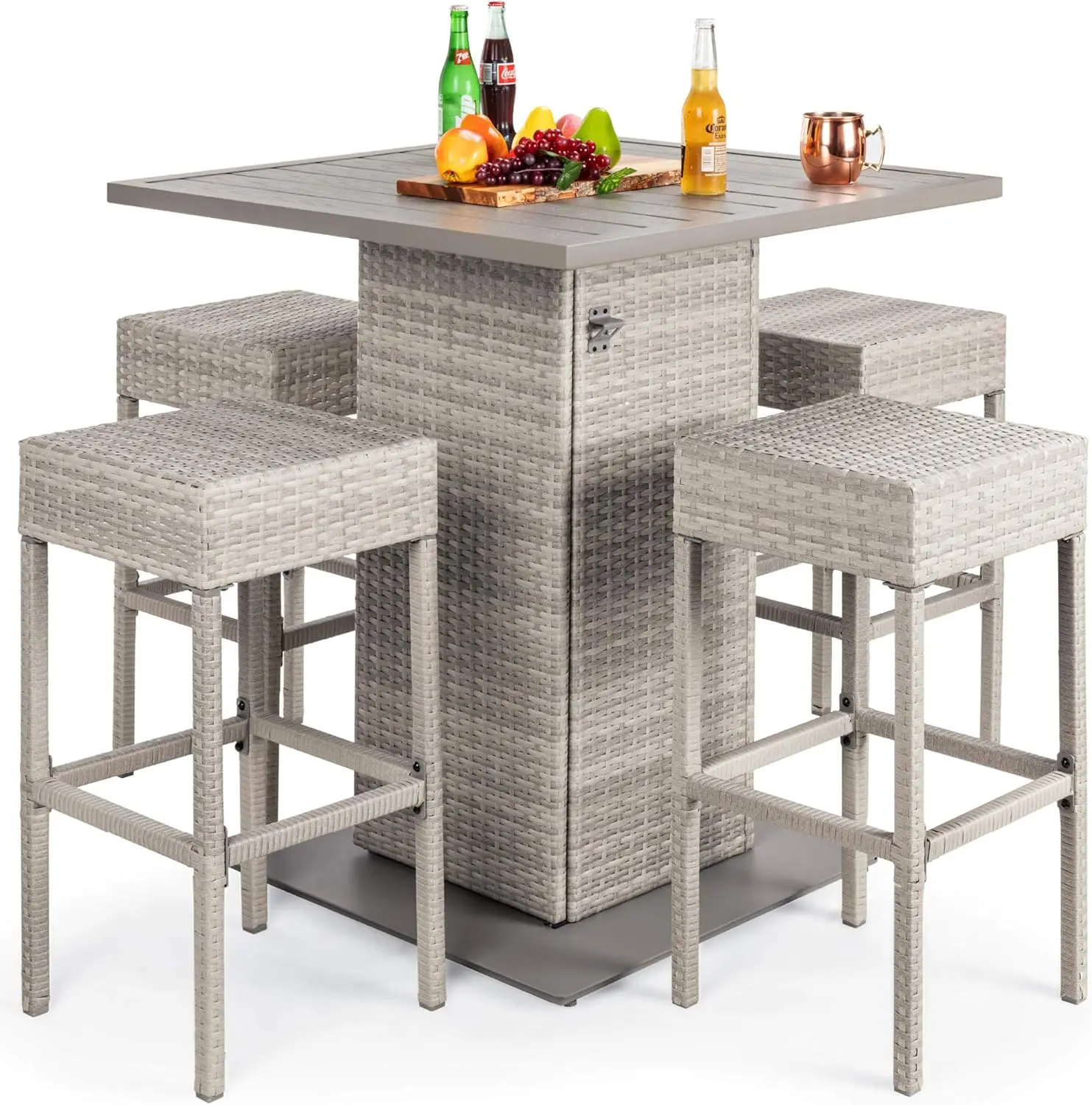 

5-Piece Outdoor Wicker Bar Table Set for Patio, Poolside, Backyard w/Built-in Bottle Opener, Hidden