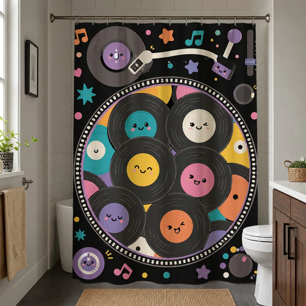 Fun Music Record Player Shower Curtain Pop Art Groovy Disco Shower Curtain Bathroom Decor