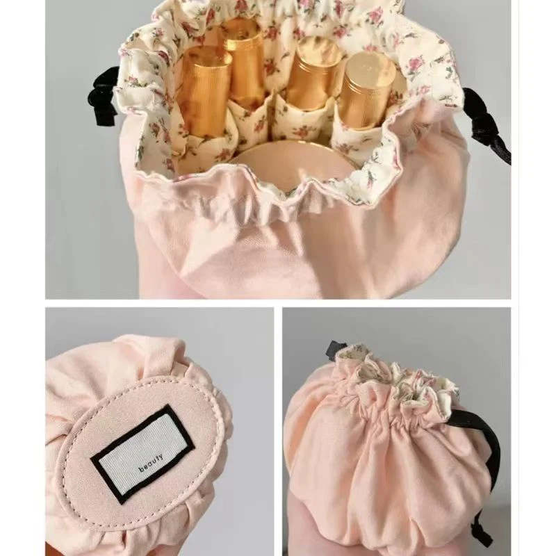 Floral Lining Drawstring Makeup Bag Portable Divided Cosmetic Storage Pouch Large Capacity Travel Lipstick Skincare Organizer