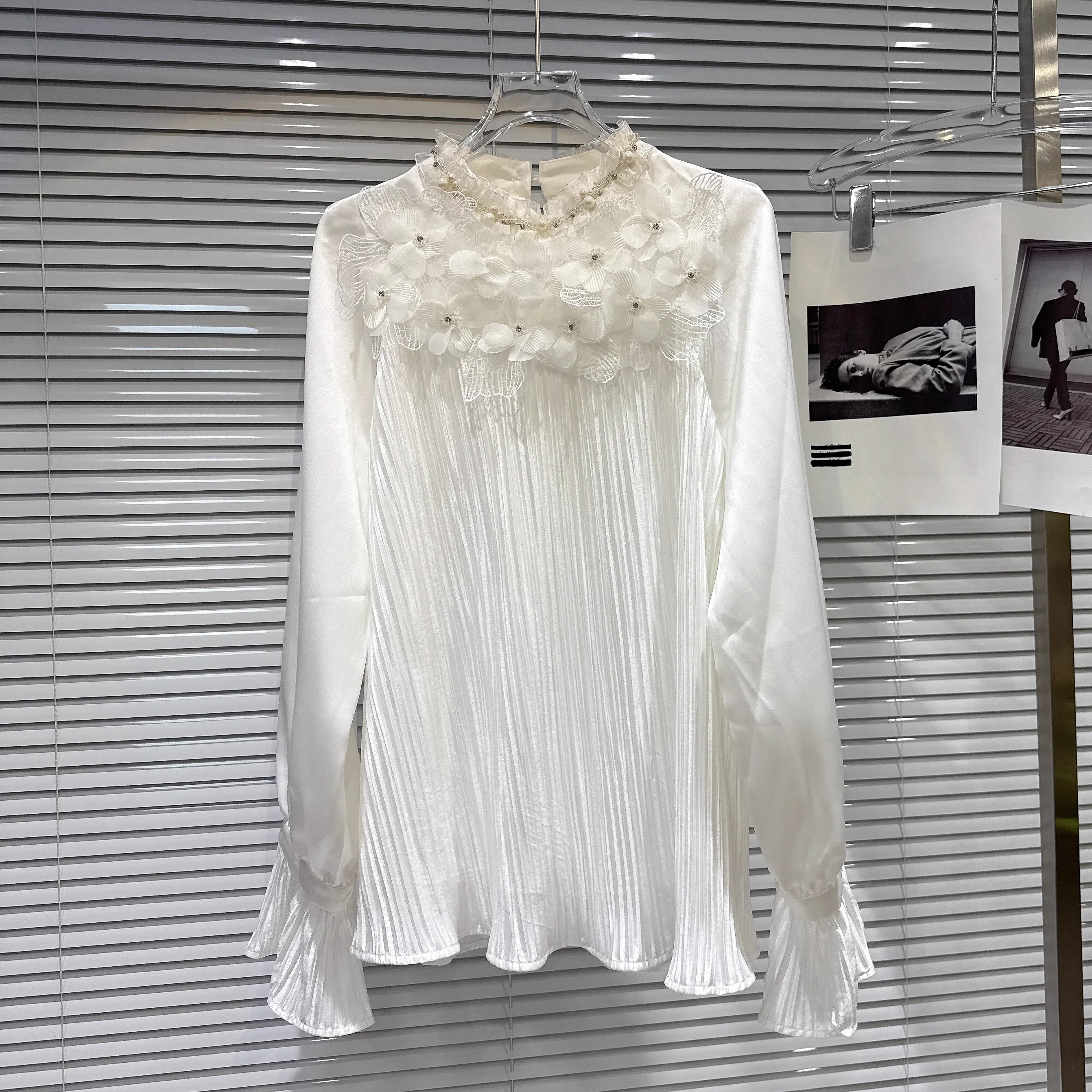 Elegancka francuska bluzka w stylu socjality, uniwersalna koszula z długim rękawem, kwiaty 3D, perły, luźna, codzienna bluzka szyfonowa, top damski na lato.