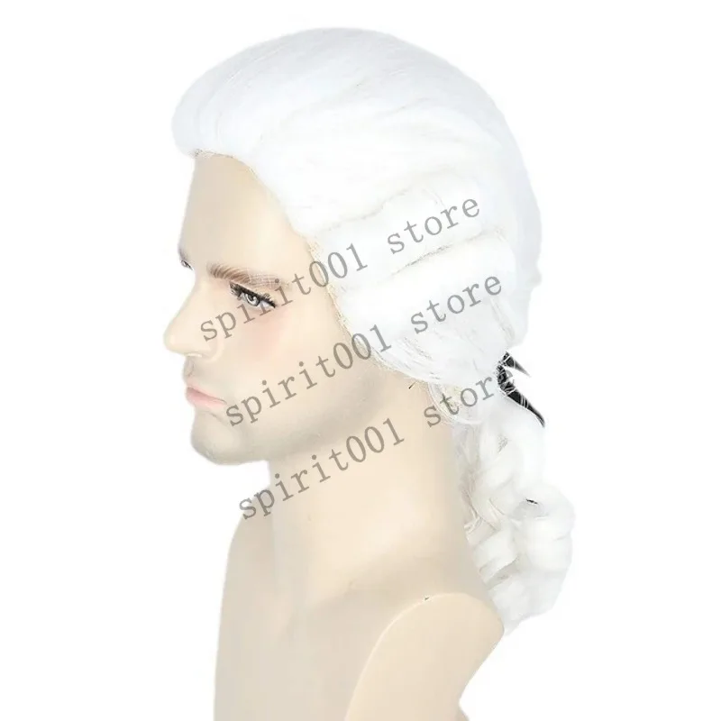 Advocaat Rechter Barokke Cosplay Krullend Pruik Grijs Wit Zwart Mannen Kostuum Pruiken Deluxe Historische Lange Synthetische Pruik Voor Halloween