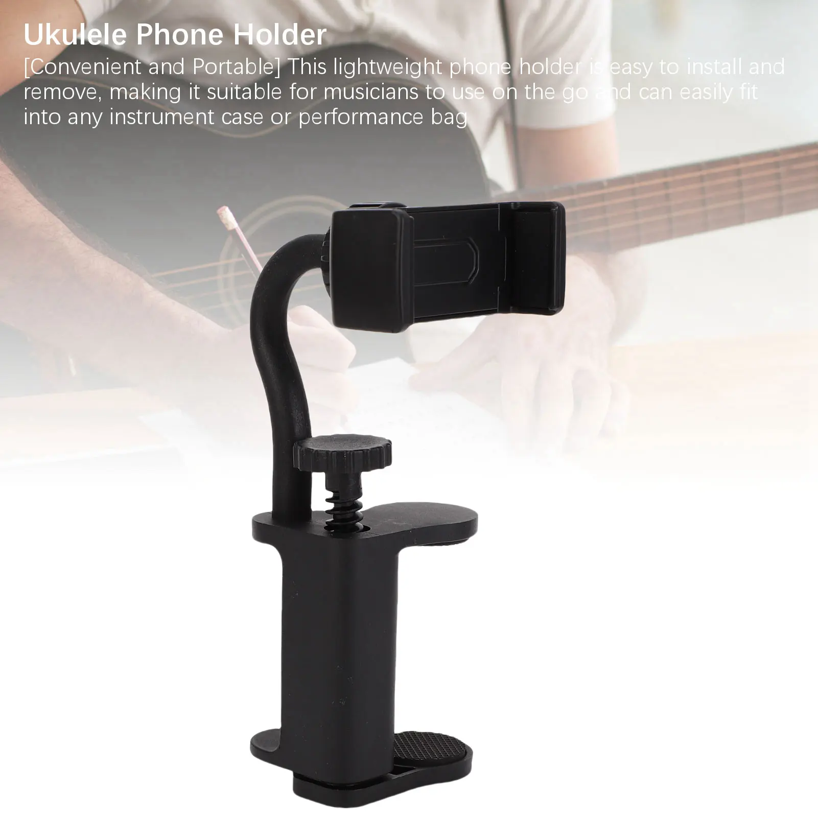 Ukulele Phone Holder Guitar Phone Holder  Clamp Mount Smartphone Stand for 6-10.5cm Thick Bass Guitars Ukuleles Black