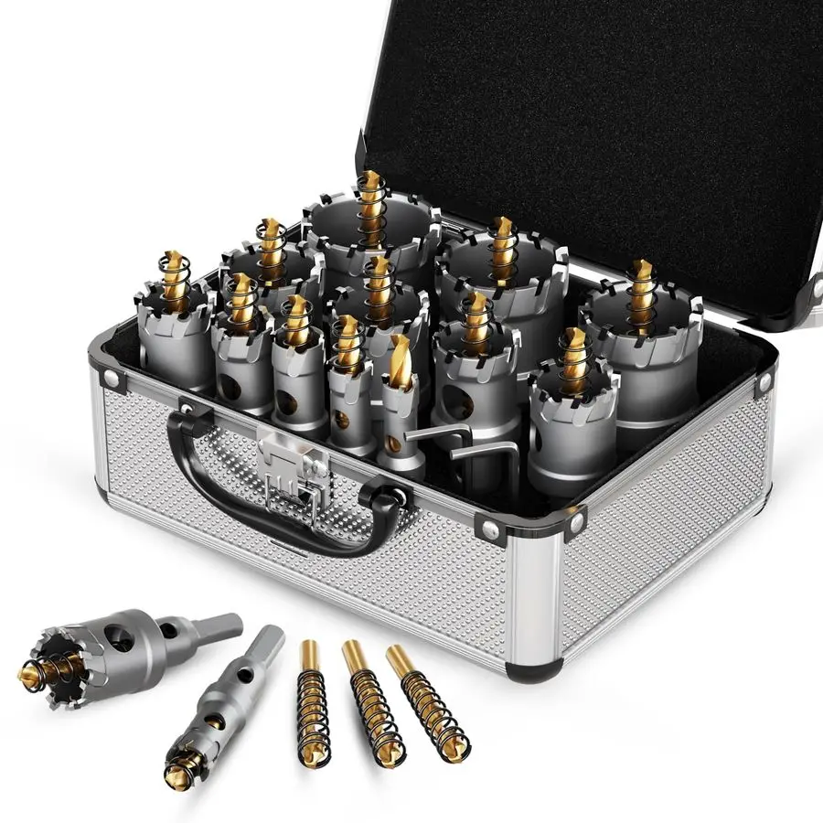 

Upgrade Heavy Duty Carbide Hole Saw 14 Pcs,Metal Steel Hole Saw Drill Bit,TCT Hole Cutter,Alloy Hardness Upgrade, with 2Extra Ti