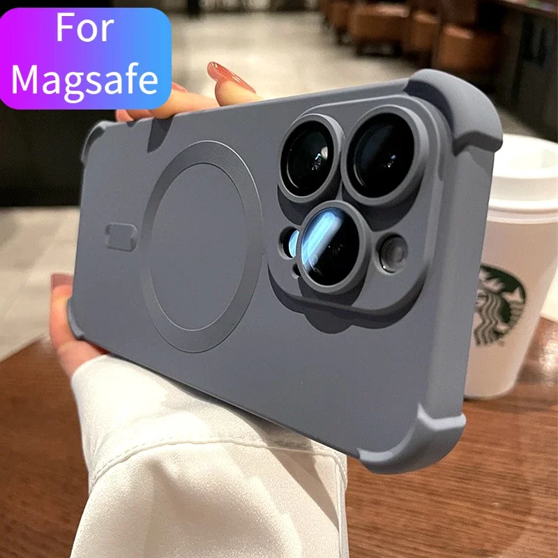 Luxury Hight End Black Magsafe Wireless Charge Case For iPhone 15 14 13 12 Pro Max Soft Magnetic Lens Film Shockproof Cover Gift