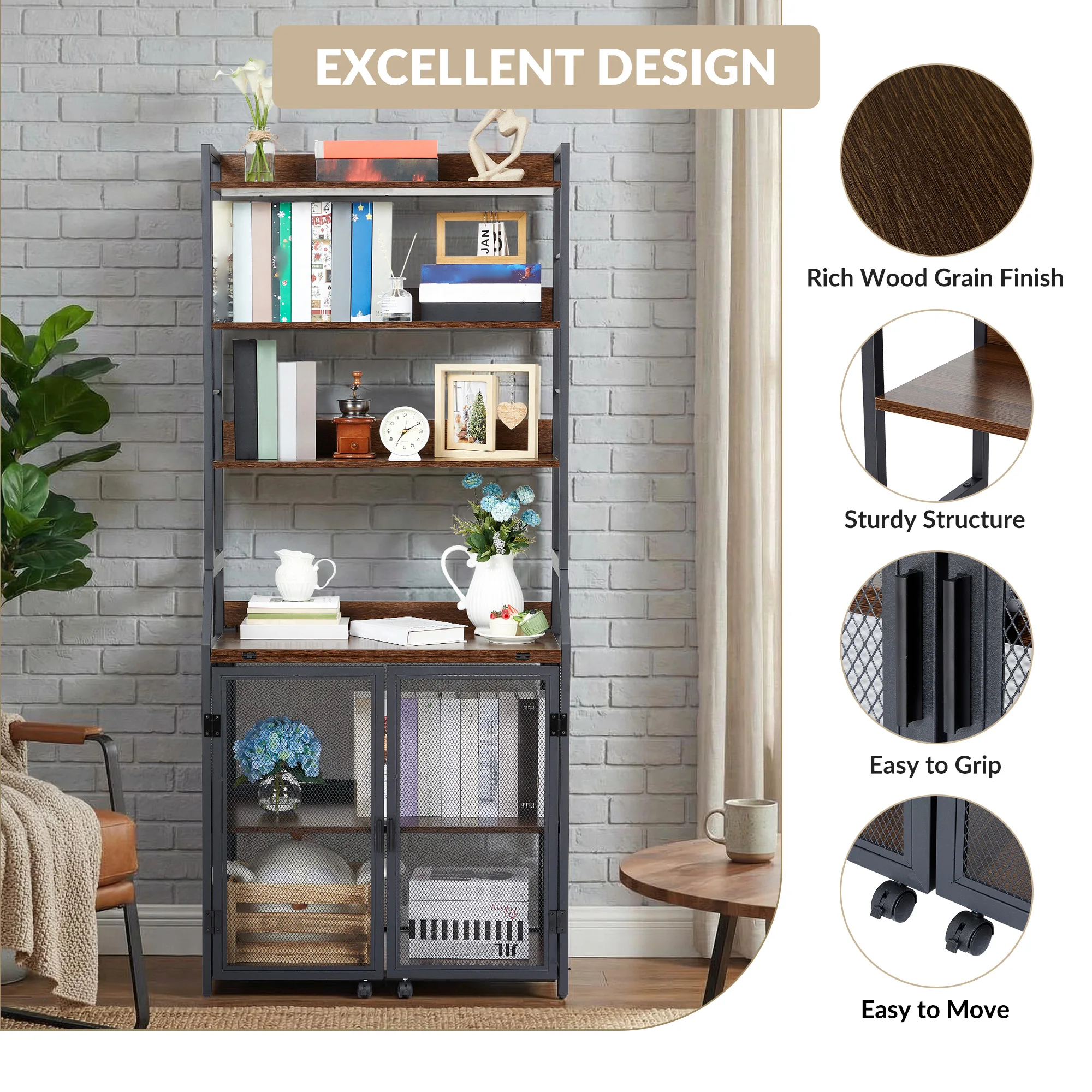 Industrial Bookshelf Desk with 6-Tier Storage for Living Room | Metal & Wood Home Office Workstation, Space-Saving Floor Standing Bookcase ﻿