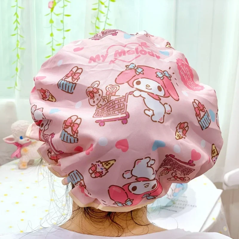 Sanrio Kawaii Hello Kitty czepek prysznicowy moja melodia Kuromi Cartoon śliczny dwuwarstwowy wodoodporny kapelusz kąpielowy kaptur olejowy do domu