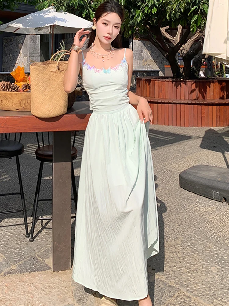 Summer Green Hollow Out Sexy Sling Long Dress Fashion Elegant Chic Women Dresses Promotion 2024 Korean Bodycon Party Night Dress