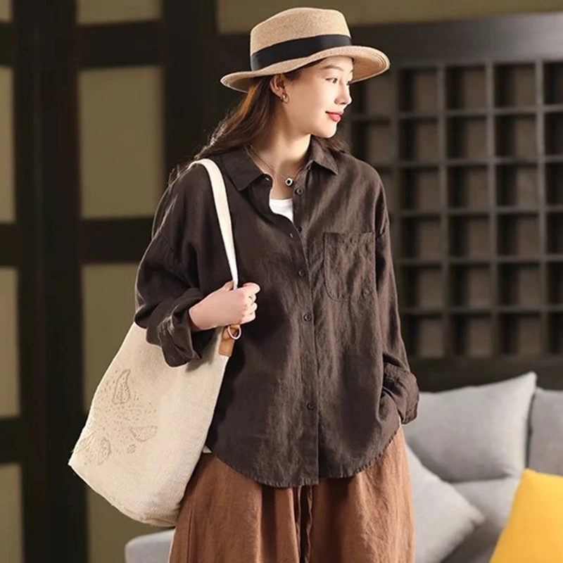 

100% Linen Women Long Sleeve Shirt New Arrival 2025 Spring Vintage Style Solid Color Loose Female Casual Tops Shirts M939