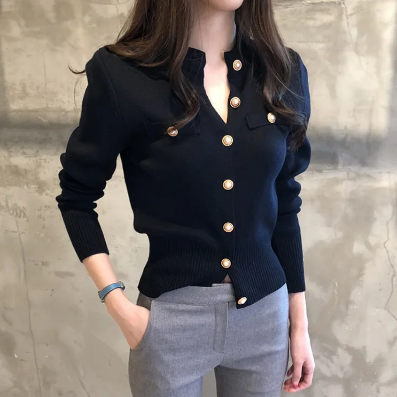 Cárdigan de punto para mujer, suéter de manga larga, abrigo corto informal de un solo pecho, Top elegante ajustado coreano, Moda de Primavera