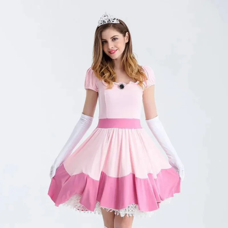 Carnival Halloween Lady Peach Princess Queen Costume Birthday Party Pink Dress Outfit Cosplay Fancy Party Dress