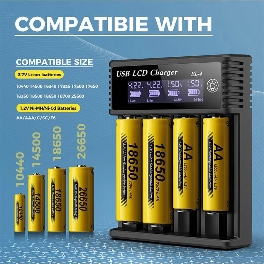 Multifunctional Four-Compartment Digital Display Lcd 18650 Smart Charger 3.7V Lithium Battery 21700 Fast Charging Charger 1.2V Nickel Metal Hydride Nickel Cadmium