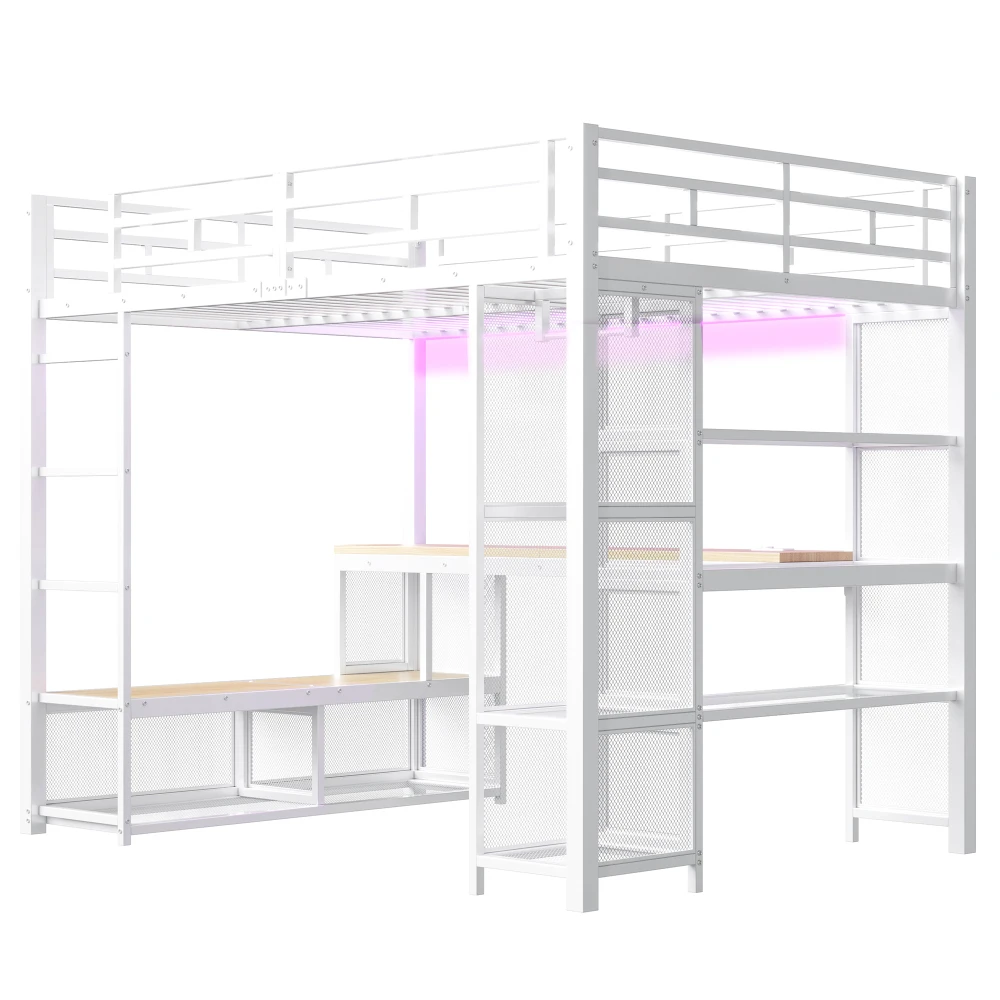 140 x 200 cm großes Hochbett aus Metall mit Stauraum und offenem Kleiderschrank, Kinderzimmerbett mit USB-Anschluss und LED-Beleuchtung, Schwarz/Weiß – Detail 33