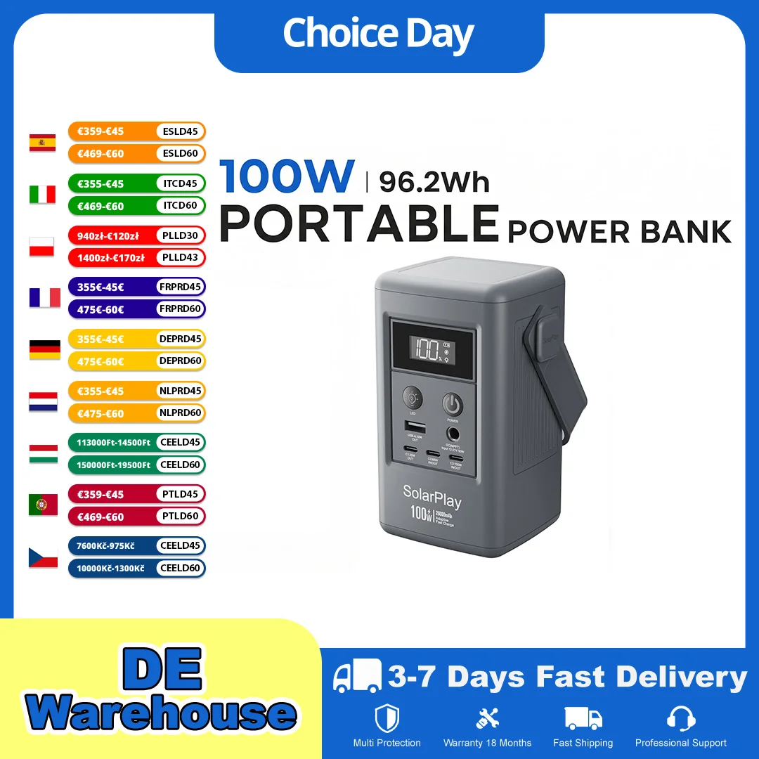 Solarplay Q100 25000mAh Przenośna Stacja Zasilania 96,2Wh Bateria Li-Ion 100W Przenośny Bank Energii z Wyjściem USB, do Kempingu, Domu, Kampera, Ładowania Telefonów Komórkowych i Komputerów, Jazdy na