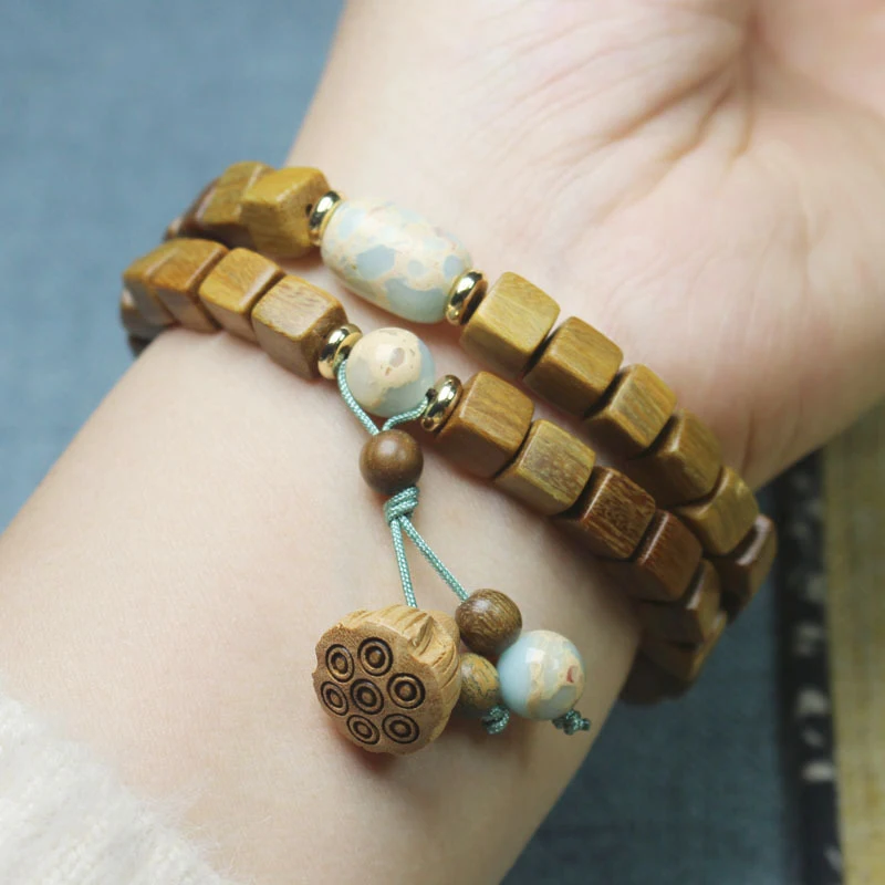 

Green Sandalwood 6mm Square Bead Bracelet, Double Layer Lotus Bead Bracelet, Unisex Cultural Ornament and Prayer Beads