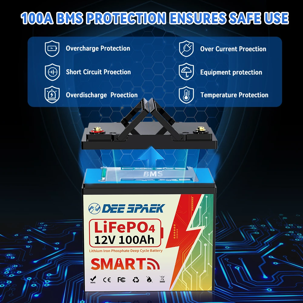 2PC 12V 100AH LiFePO4 Lithium Battery Bluetooth With BMS For For RV Campers Solar Marine Trolling Motor Lithium Battery Group 24