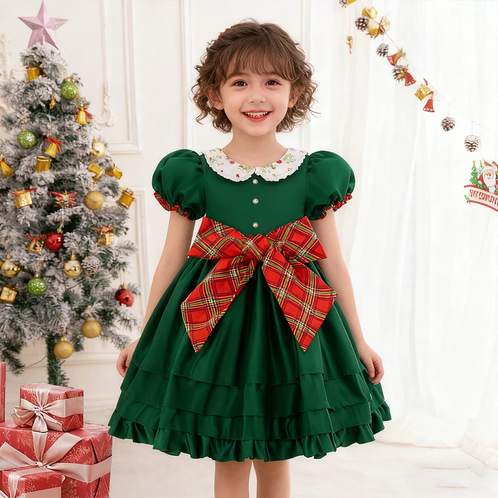 Christmas Green Dress New Year Gown Elegant Girls Party Dresses Bowknot Princess Dress Xmas Outfits Children's Birthday Dress