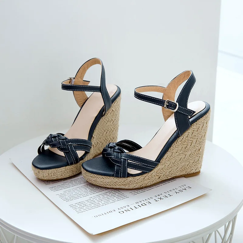 Sandalias de cuña con plataforma para mujer, zapatos informales con hebilla de paja, Punta abierta, Sexy, Verano