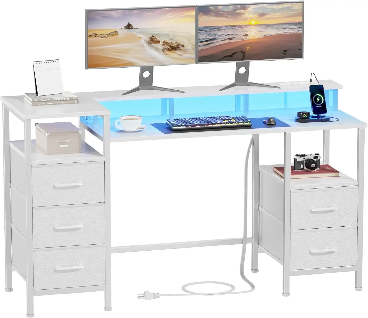 

White Computer Desk with Power Outlets & LED Lights, Reversible Gaming Desk with 5 Fabric Storage Drawers