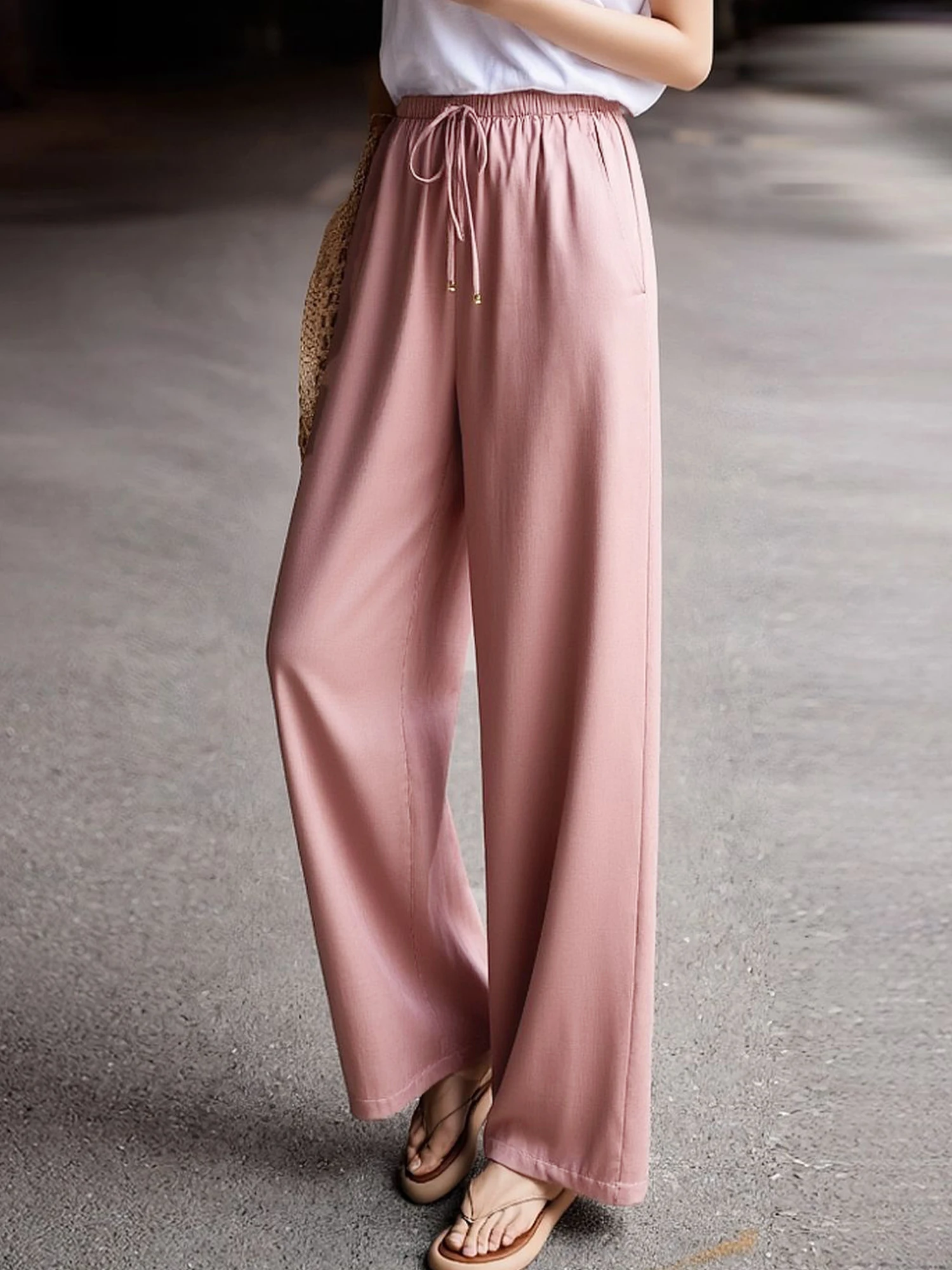 

Шелковые брюки прямого кроя для офиса, с высокой талией и эластичным поясом, женские повседневные брюки, розовые, осенняя новинка