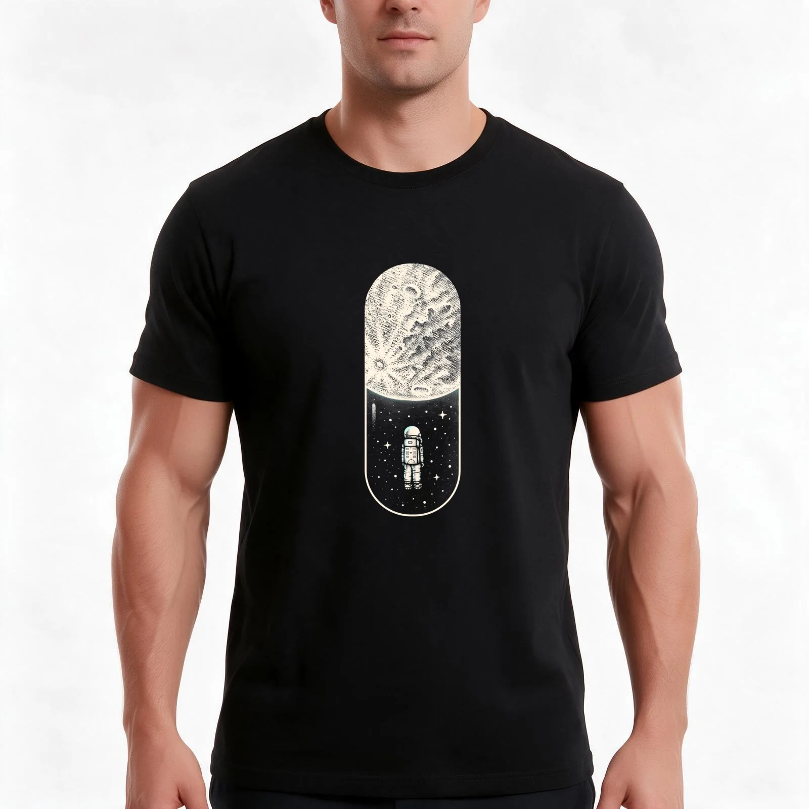 Space Capsule T-Shirt, Summer Casual Cotton Tee, Oversized Streetwear Tops, Vintage Graphic Print, Loose Fit Short Sleeve