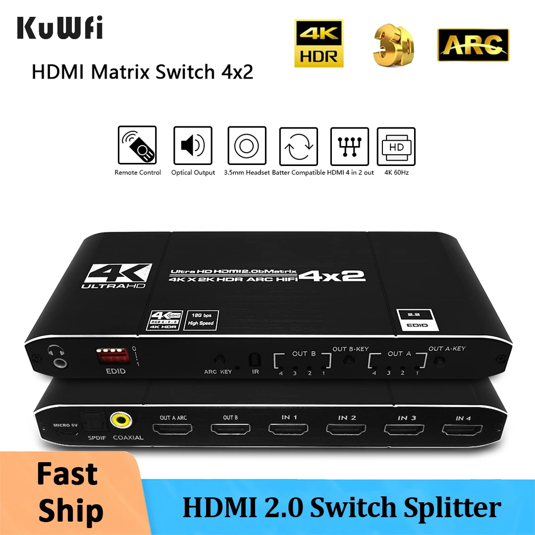 KuWFi HDMI 2.0 matryca 4x2 4K6 0Hz przełącznik Splitter HDCP2.2 EDID 4K x 2K HDR ARC HIFI HDMI przełącznik SPDIF COAX 3.5mm Stereo Audio