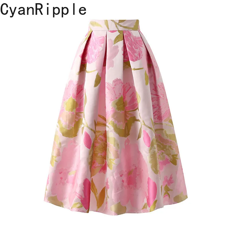 High Quality Original Pink Jacquard Women Umbrella Skirt 2026 New Spring Autumn Elegant Lady High Waist Mid-length A-line Skirts