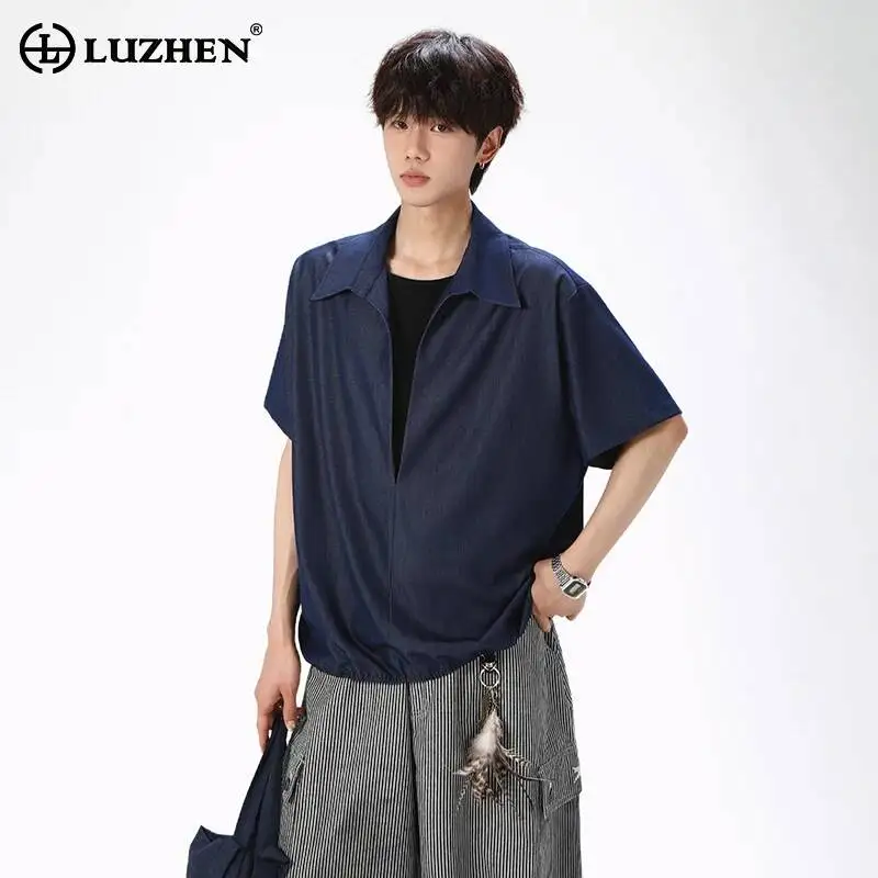 

LUZHEN 2026 Summer Fashion Korean Style Big V-neck Short Sleeve Shirts Pullover Men's Handsome Solid Color Casual Tops JY7284