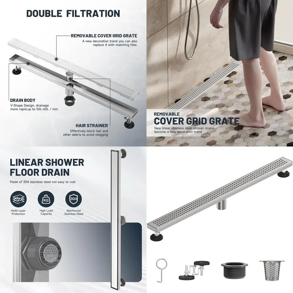 

36 Rectangular Shower Drain with Brick-Style Grate, SUS 304, Hair Catcher, Brushed Nickel Finish