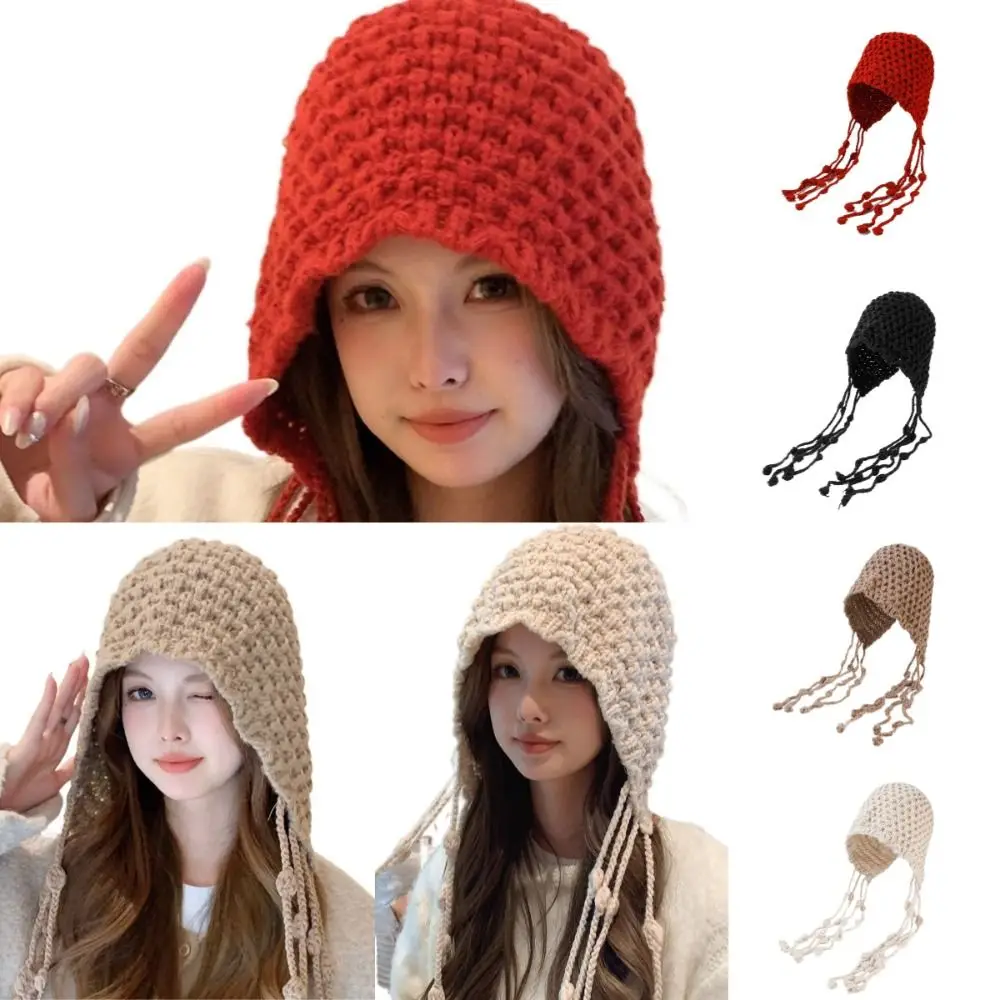 Sweet Handmade Warm Hat Fried Dough Twists Tassel Hollowed Out Warm Cap Breathable Ear Protection Tassel Ball Cap Outdoor