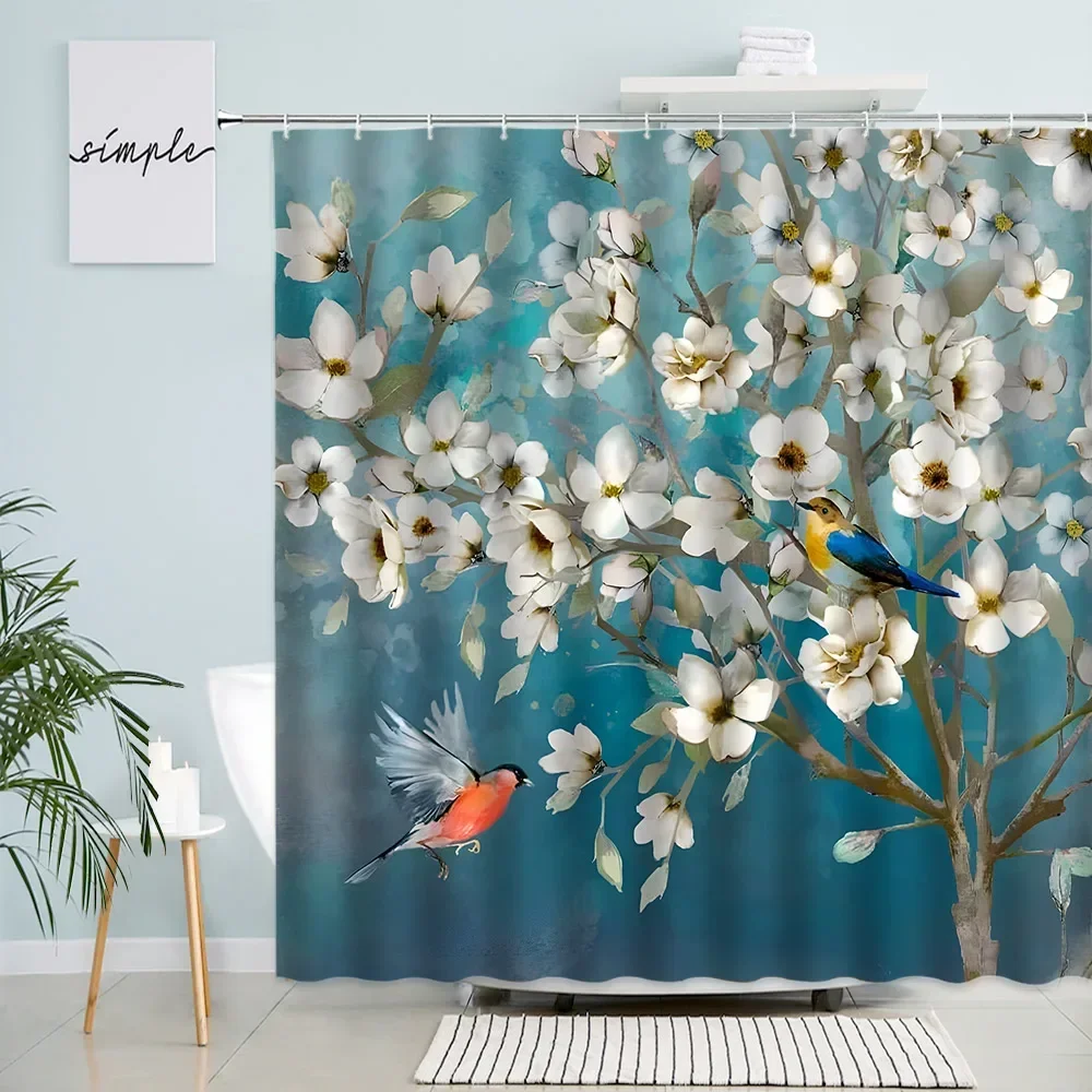 Chinese Style Flowers Birds Shower Curtains White Magnolia Flower Hand Painted Oil Painting Fabric Bathroom Curtain Decor Sets