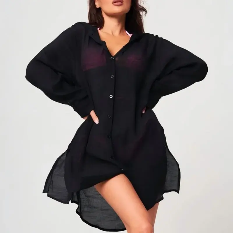 

Новая летняя пляжная туника-рубашка с длинным рукавом для женщин, мини-платье, пляжная накидка, пляжная одежда