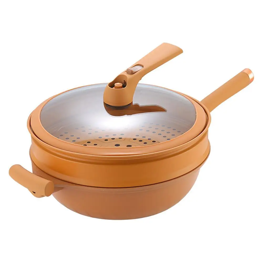 Non-Stick Clay Wok With Steamer Basket Clay Wok Micro-pressure Wok Multifunctional Household Kitchen Smokeless Oilless Fry Pan