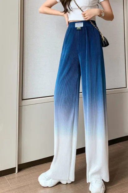 

2022 Summer Women Casual Gradient Ice Silk Thin Elastic High Waist Trousers Fashion Y2K Streetwear Loose Pleated Wide Leg Pants