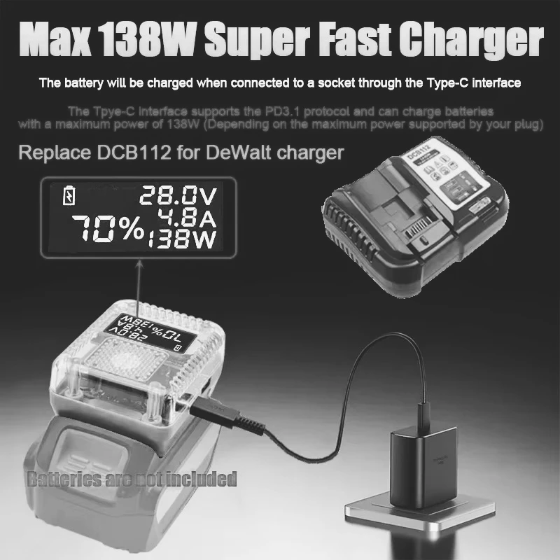 Adapter wyświetlacza cyfrowego Dwukierunkowe ładowanie i rozładowywanie Konwerter ładowarki akumulatora 140W PD3.1 do akumulatora DeWalt 18VLi-Ion — zdjęcie produktu 6