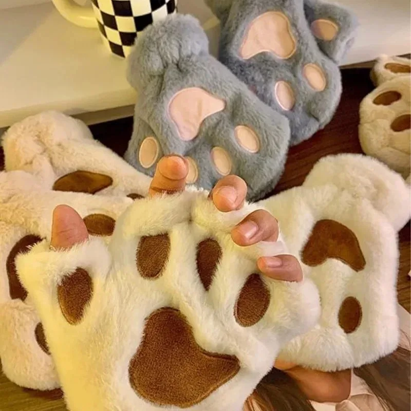 Winter Lovely Plush Cartoon Cat Claw Paw Mittens Warm Soft Plush Short Fingerless Fluffy Bear Gloves Costume Half Finger Gloves