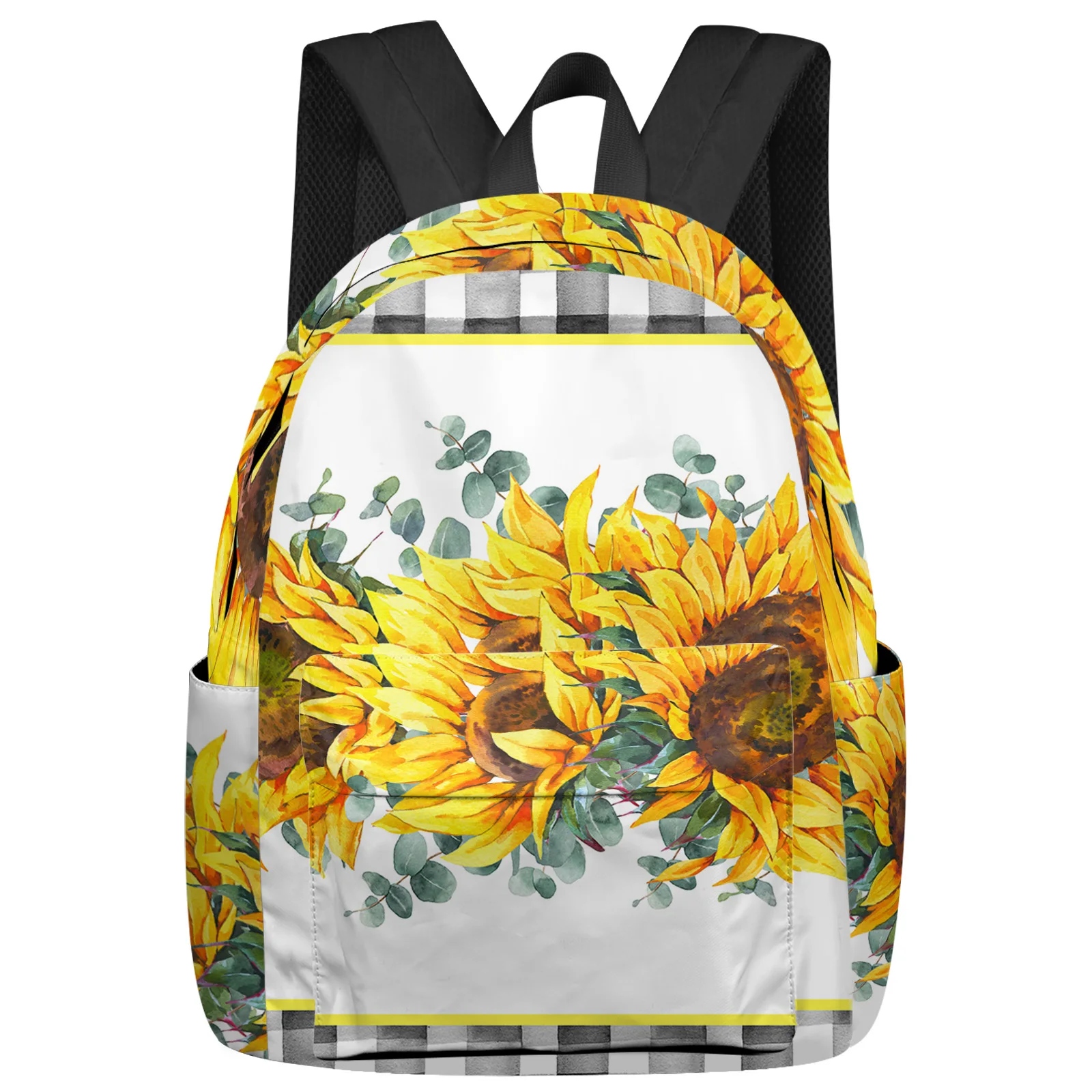 

Sunflower Eucalyptus Leaves Black White Plaid Student School Bags Laptop Custom Backpack For Men Women Female Travel Mochila