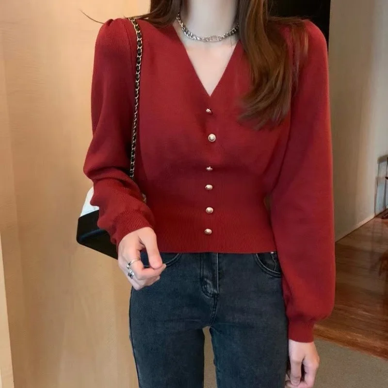 Fashion Vintage Long Sleeve Short Women Sweater 2024 Autumn V-neck Cardigan Elegant Solid Casual Knitted Tops