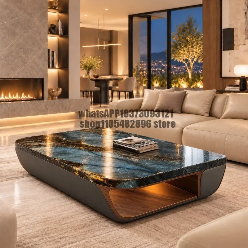 European-style luminous luxury stone villa coffee table living room, square modern design large flat floor luxury