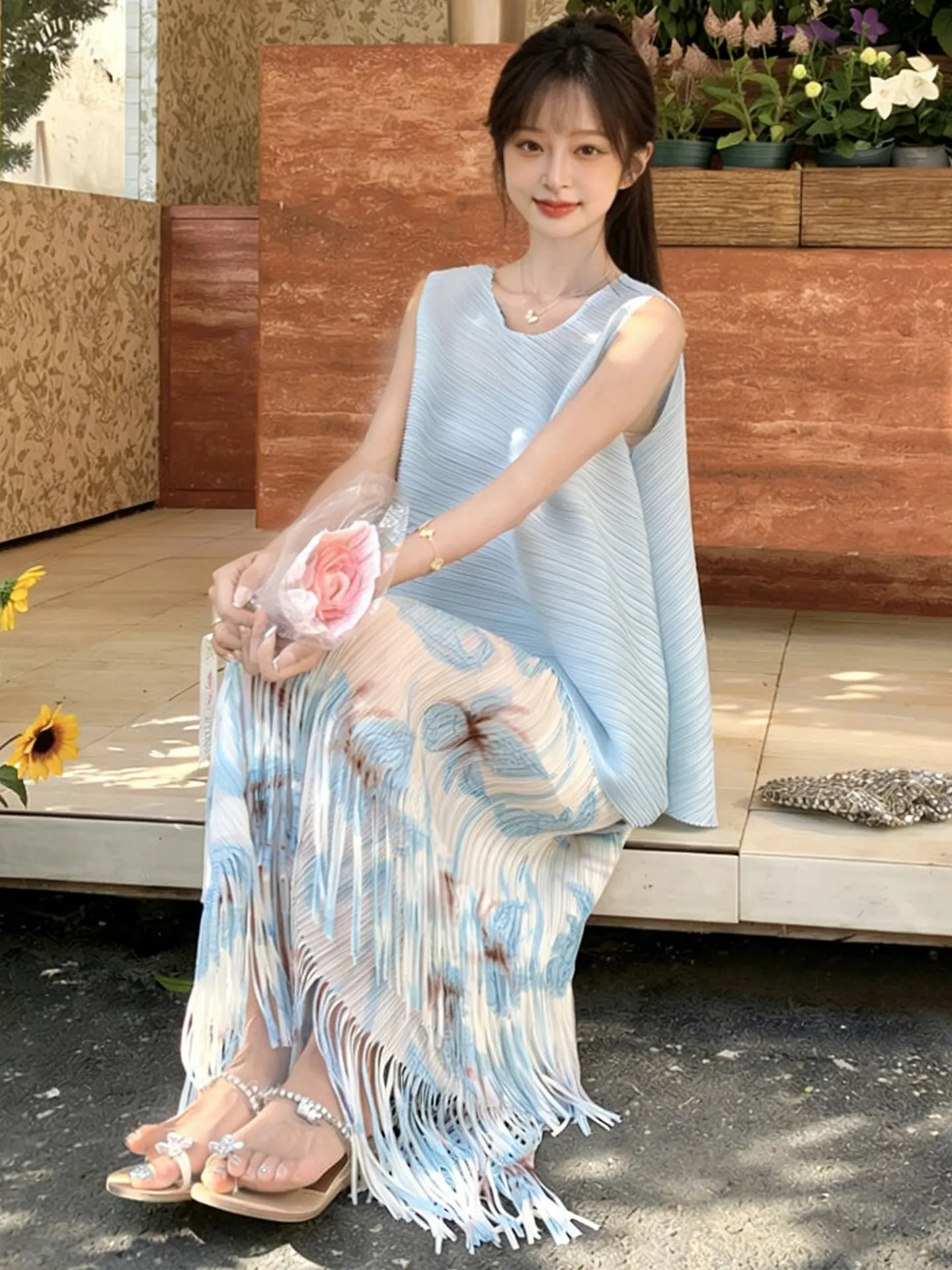 

Blue Floral Tassel Hem Skirt Set Women's Summer Slimming High-End Feelings Two-Piece Set Casual Sle Four Seasons Wear