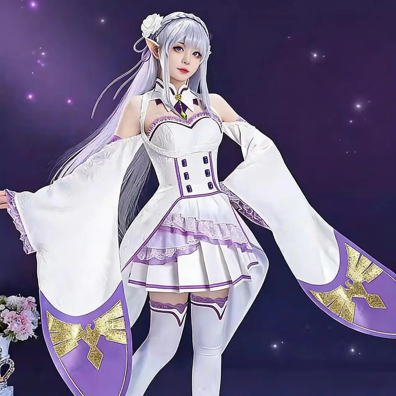 

Re Zero Emilia Cosplay Costume Full Set Women White Purple Elf Outfit Dress With Elf Ears Headpiece Stockings For Halloween