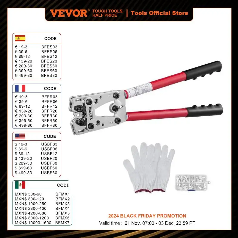 VEVOR 10-1/0AW GBattery Cable Lug Crimping Tool Aluminum Terminal Battery Lug Crimper with 60PCS Aluminum Ring Connectors